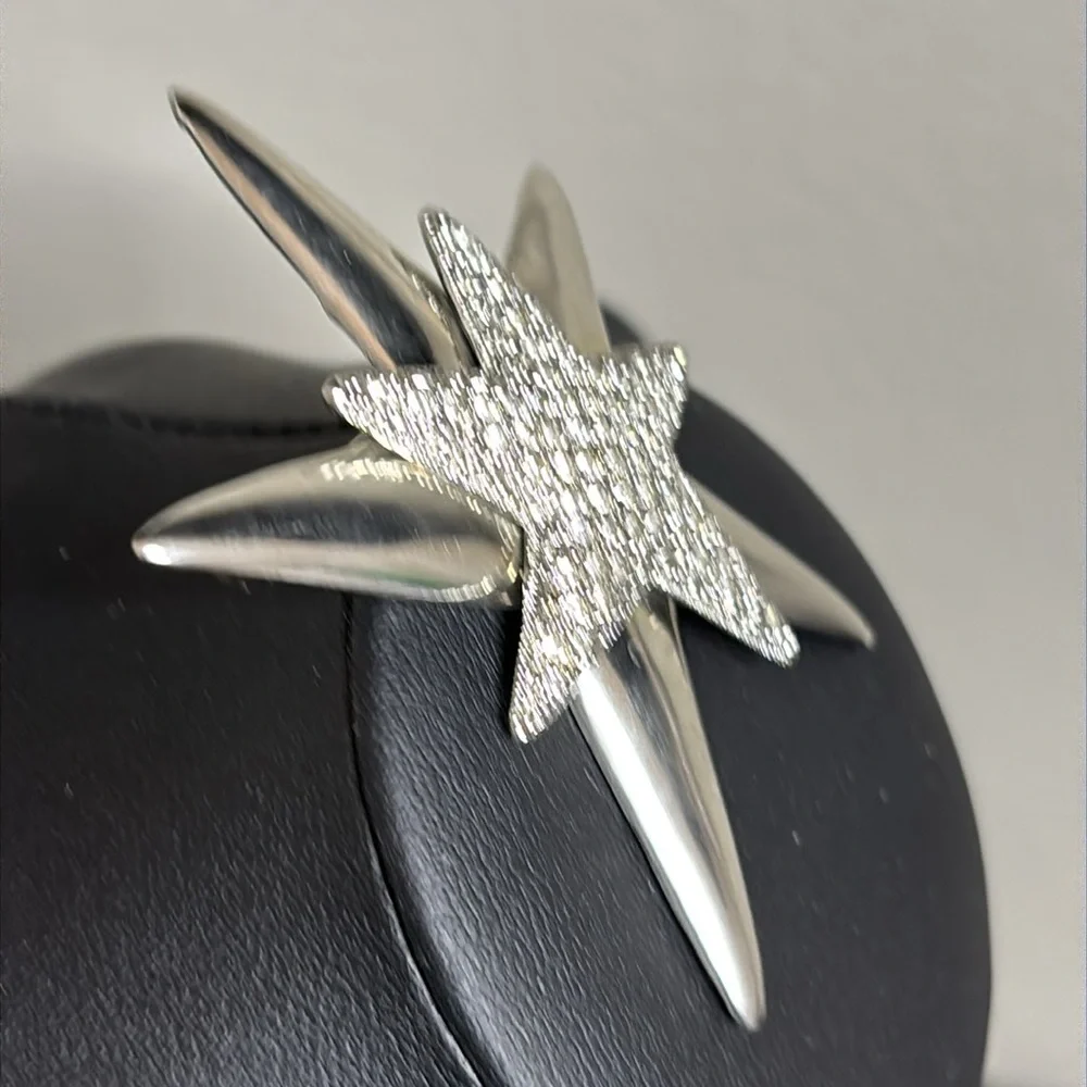 Brushed Silver Double Crystal Star Brooch Statement Rhinestone